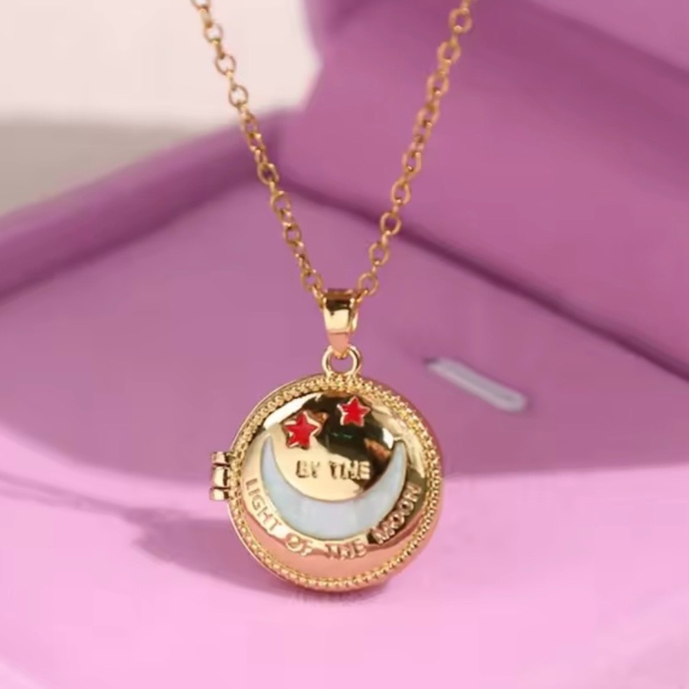 Gold Moon & Star Locket Necklace with Red star - Picture 4 of 4
